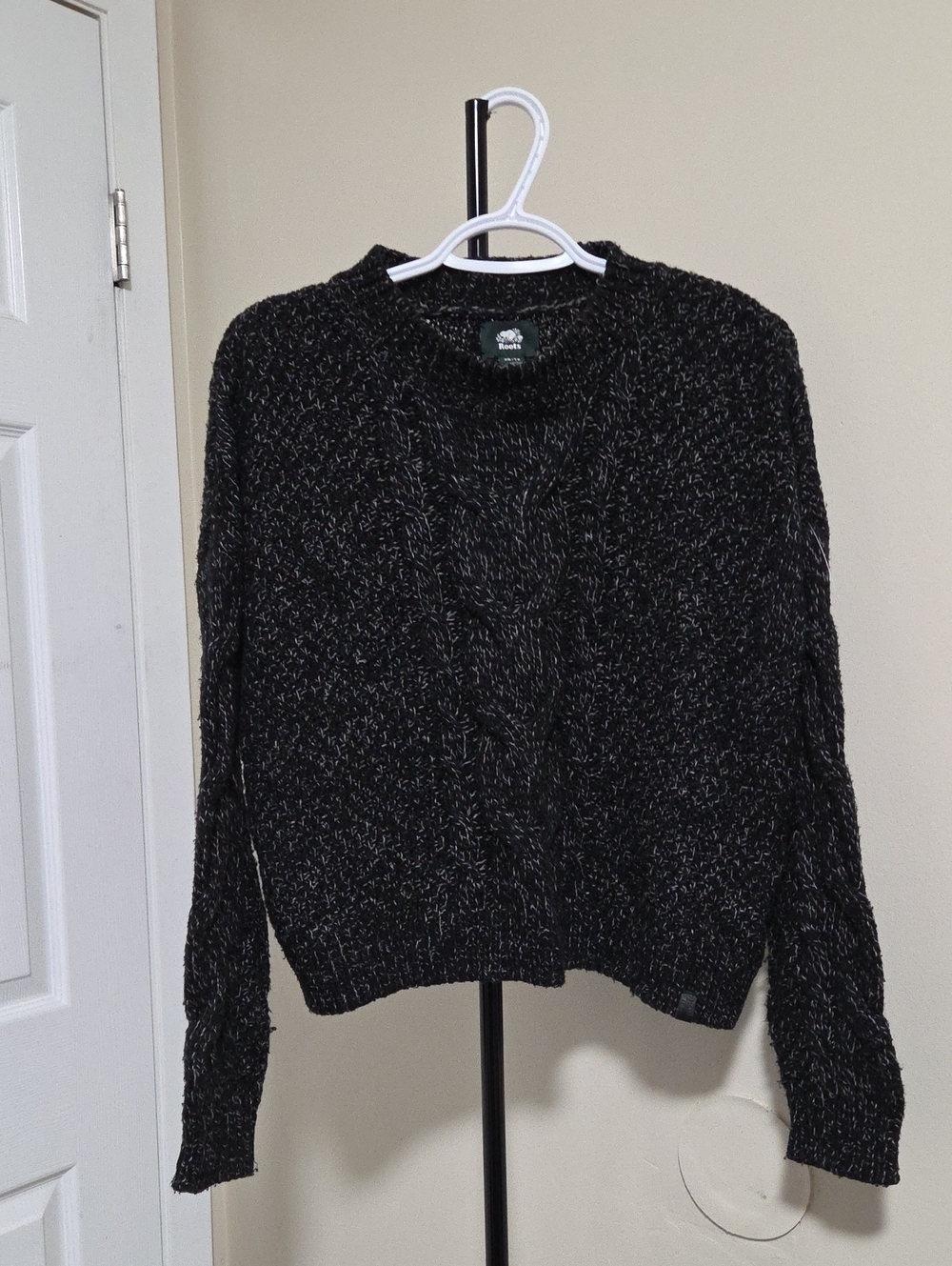 Roots Cotton Blend  Black Marled Cable Knit Sweater